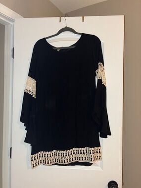 Women's Black Flow Dress with Cream Crochet Trim